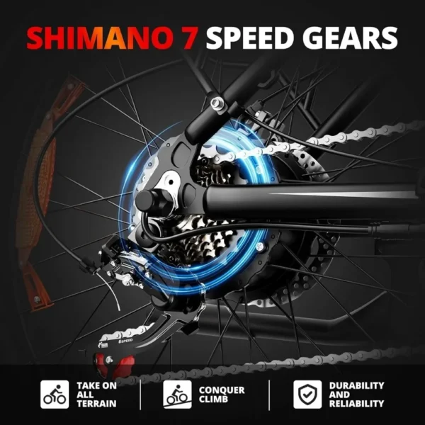 Electric Bike for Adults 26" Fat Tire Mountain 28mph 7 Speed Gears Dual Shock Absorber Electric Bike - Image 3